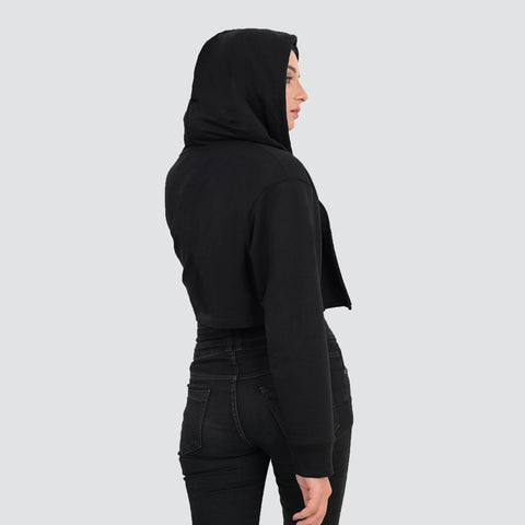Womens Crop Top Zipper Hoodie - Black
