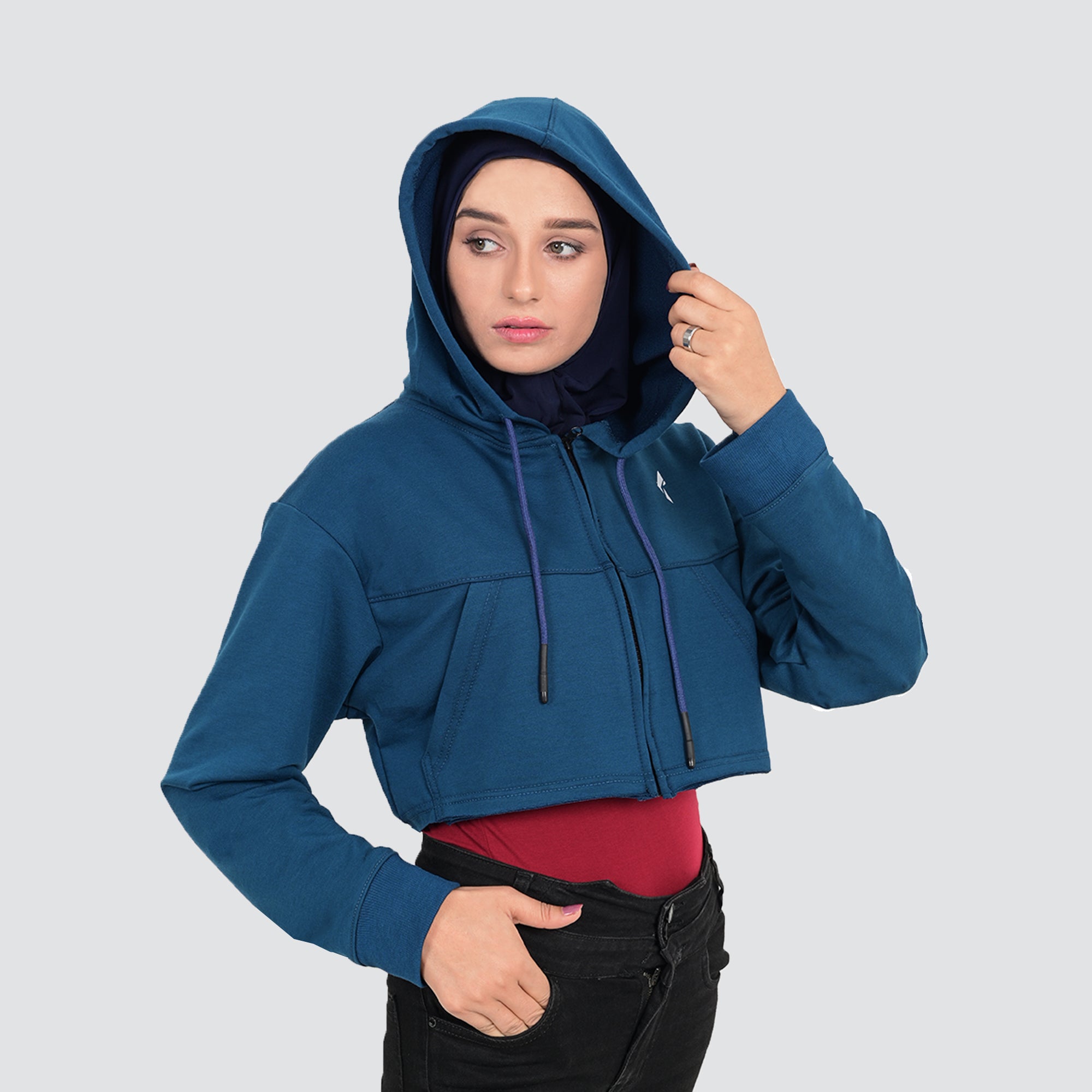 Womens Crop Top Zipper Hoodie - Turquoise
